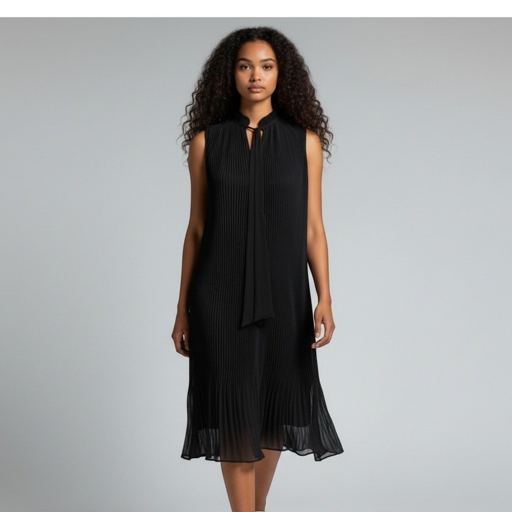 DKNY Pleated Shift short Dress Women's 2 Black Ruffle Tie Neck Sleeveless